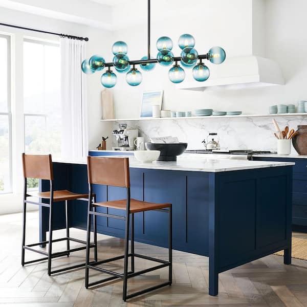 Bartlett 16-Light Black Modern Linear Cluster Gradient Blue Glass Globe Bubble Chandelier