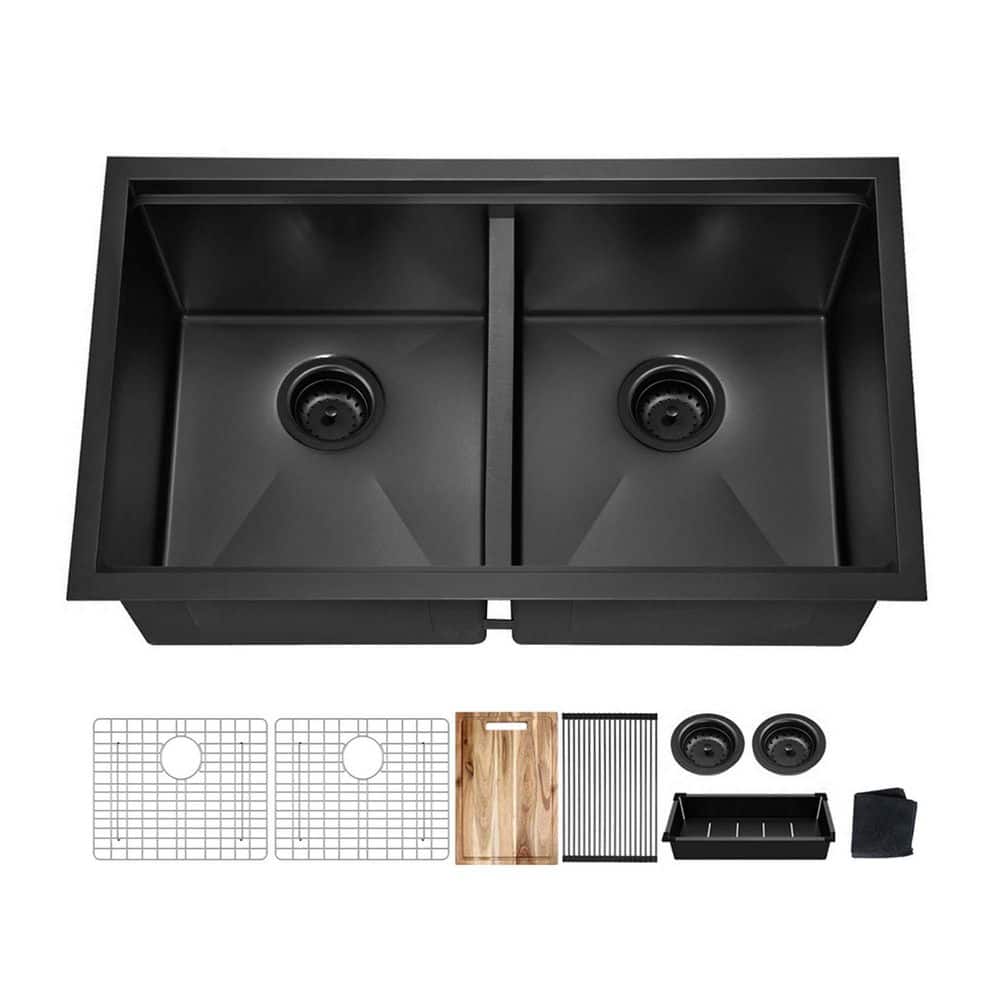 LuckByte 33 in. 18-Gauge Black Doubel Bowl Undermount Workstation