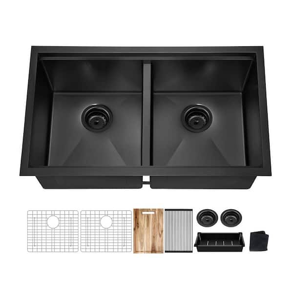 LuckByte 33 in. 18-Gauge Black Doubel Bowl Undermount Workstation
