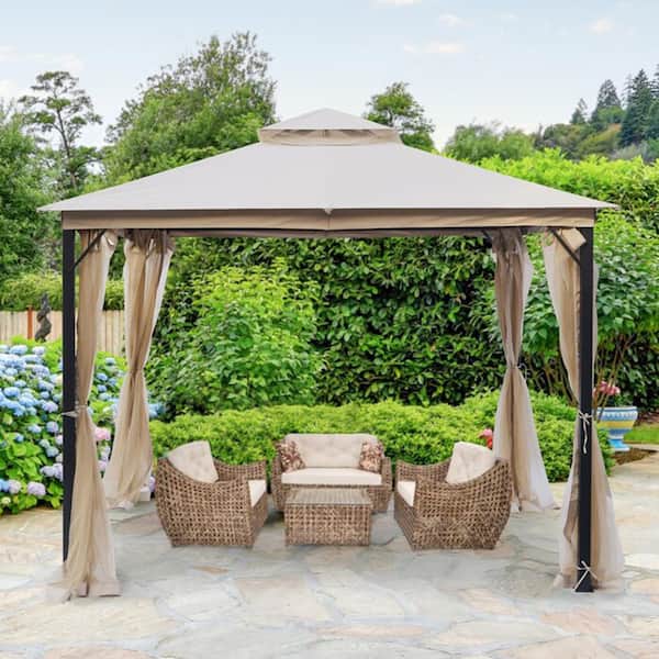 Unbranded 10 ft. x 10 ft. Metal Outdoor Patio Galvanized Steel Double Roof Soft Top Gazebo with Mosquito Net Sun Shade Canopy