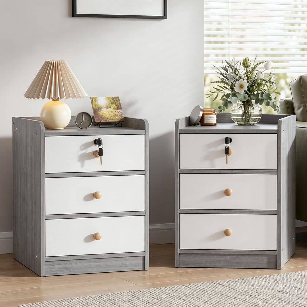 Nightstand Set of 2 with Lockable Drawer, 3 Drawer Bedside Table, Narrow End Table with Storage for Bedroom Living Room