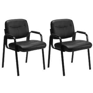 Black Office Guest Chair Leather Executive No Wheels Waiting Room Chairs with Padded Arm Rest Set of 2