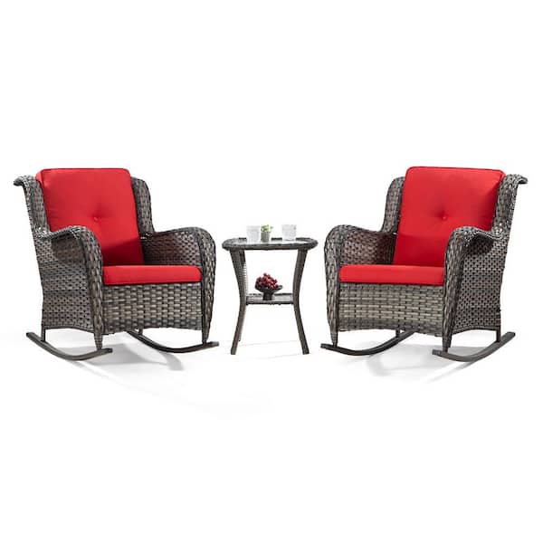 Sudzendf Brown 3-Piece Patio Wicker Outdoor Rocking Chair Set with Red Cushions