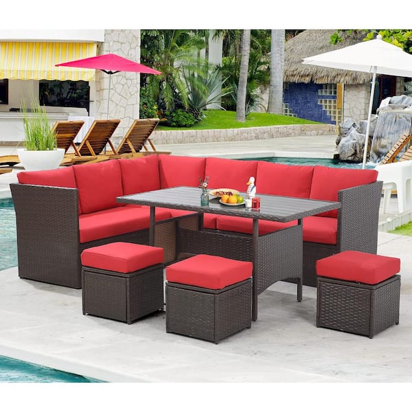 AECOJOY Brown 7-Piece Wicker Patio Conversation Set with Red Cushions