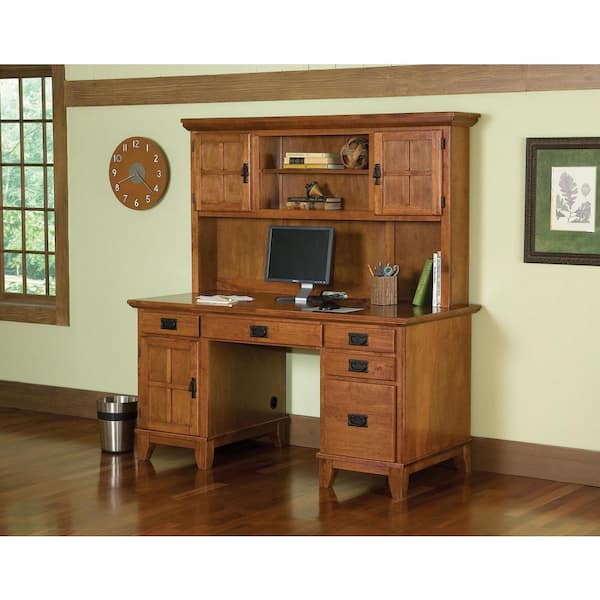 HOMESTYLES 58 in. Rectangular Cottage Oak 5 Drawer Computer Desk with Solid Wood Material