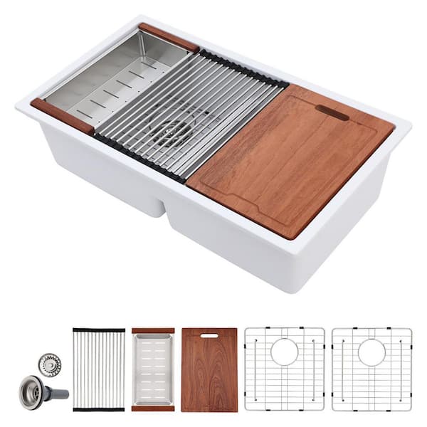 33 in. Undermount 50/50 Double Bowl White Quartz Composite Low Divide Ledge Workstation Kitchen Sink with Roll Up Rack