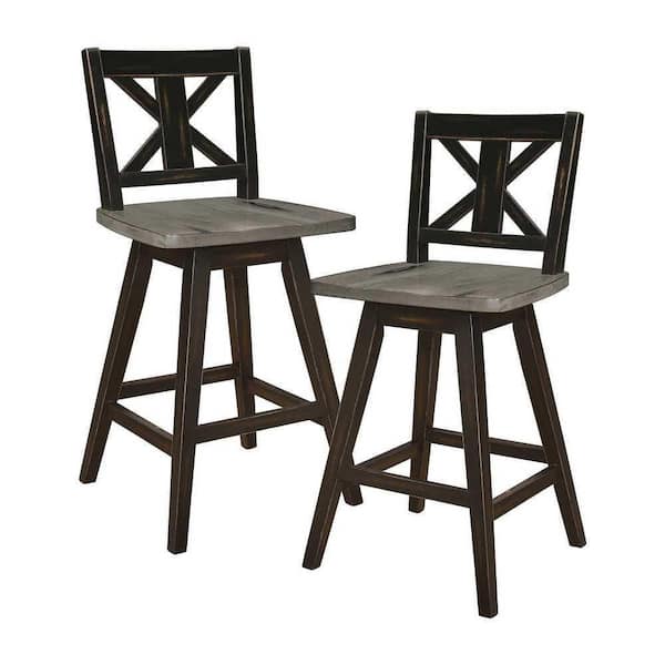 EVERGLADE HOME Fenton 37.5 in. Distressed Gray and Black Full Back Wood Frame Swivel Dining Bar Stool with Wooden Seat (Set of 2)