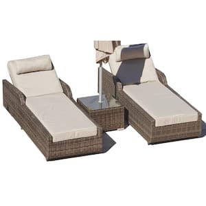 Alisa Brown 3-Piece Wicker Patio Adjustable Chaise Lounge Set with Beige Cushions and Side Table