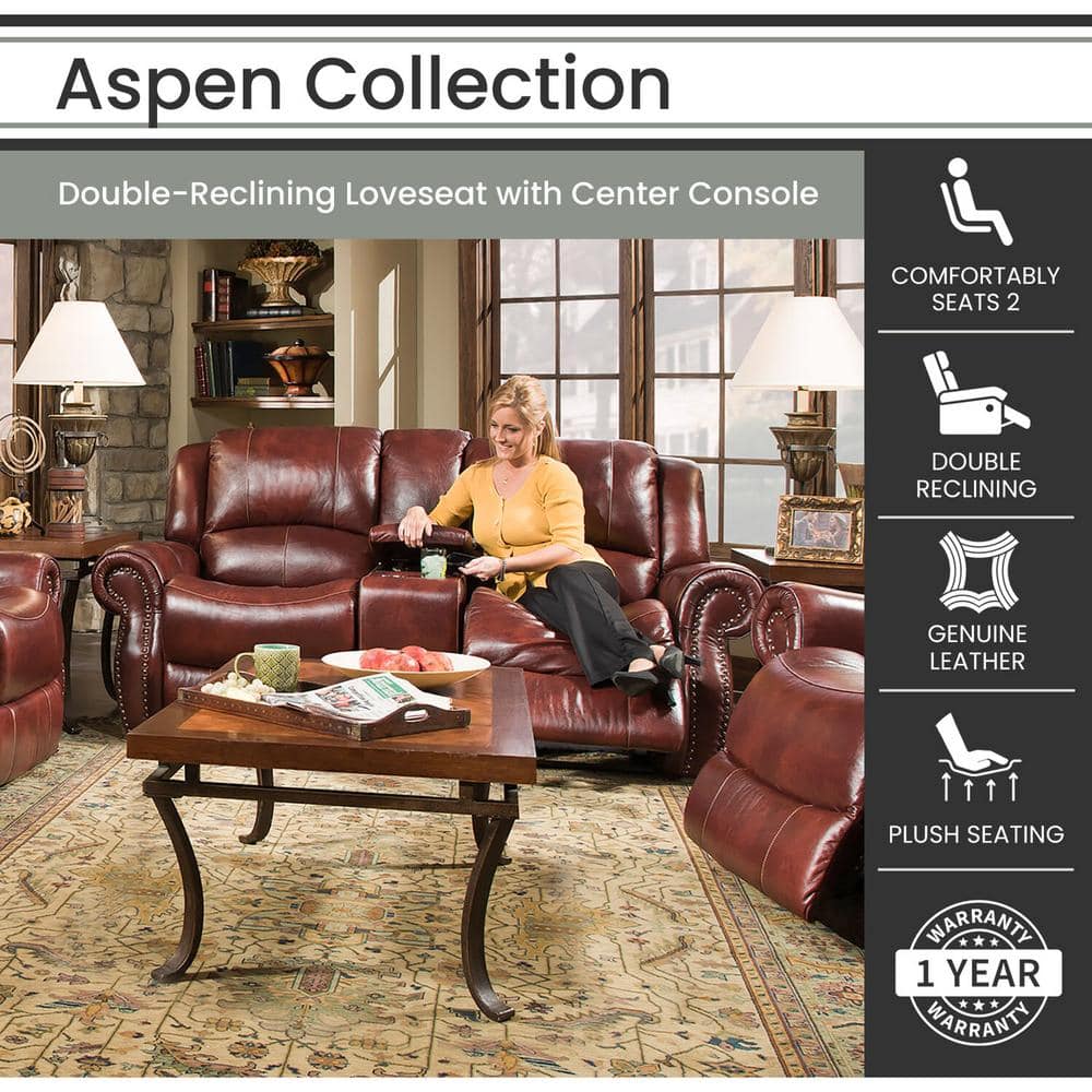 Aspen Brown Leather Double-Reclining Loveseat with Cup Holder