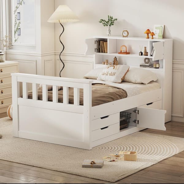 White Wood Frame Twin Size Platform Bed with Drawers and Storage Headboard