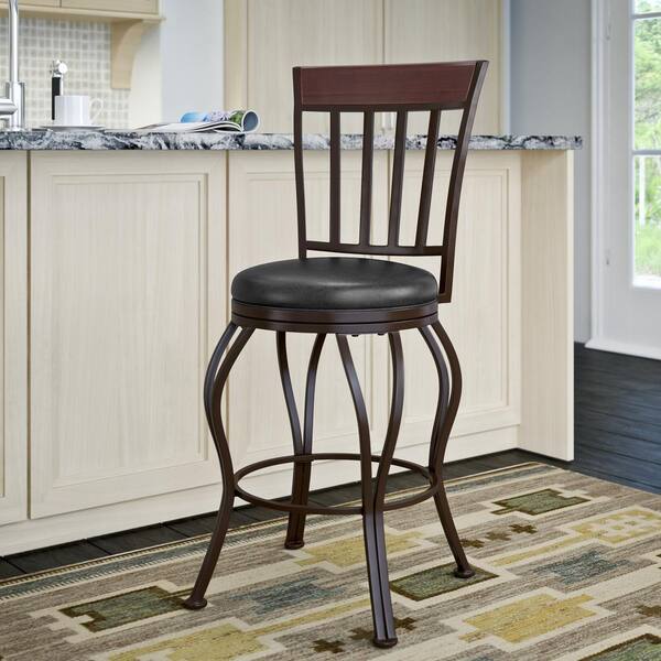 CorLiving Jericho 26 in. Metal Bar Stool with Swivel Glossy Dark Brown Bonded Leather Seat