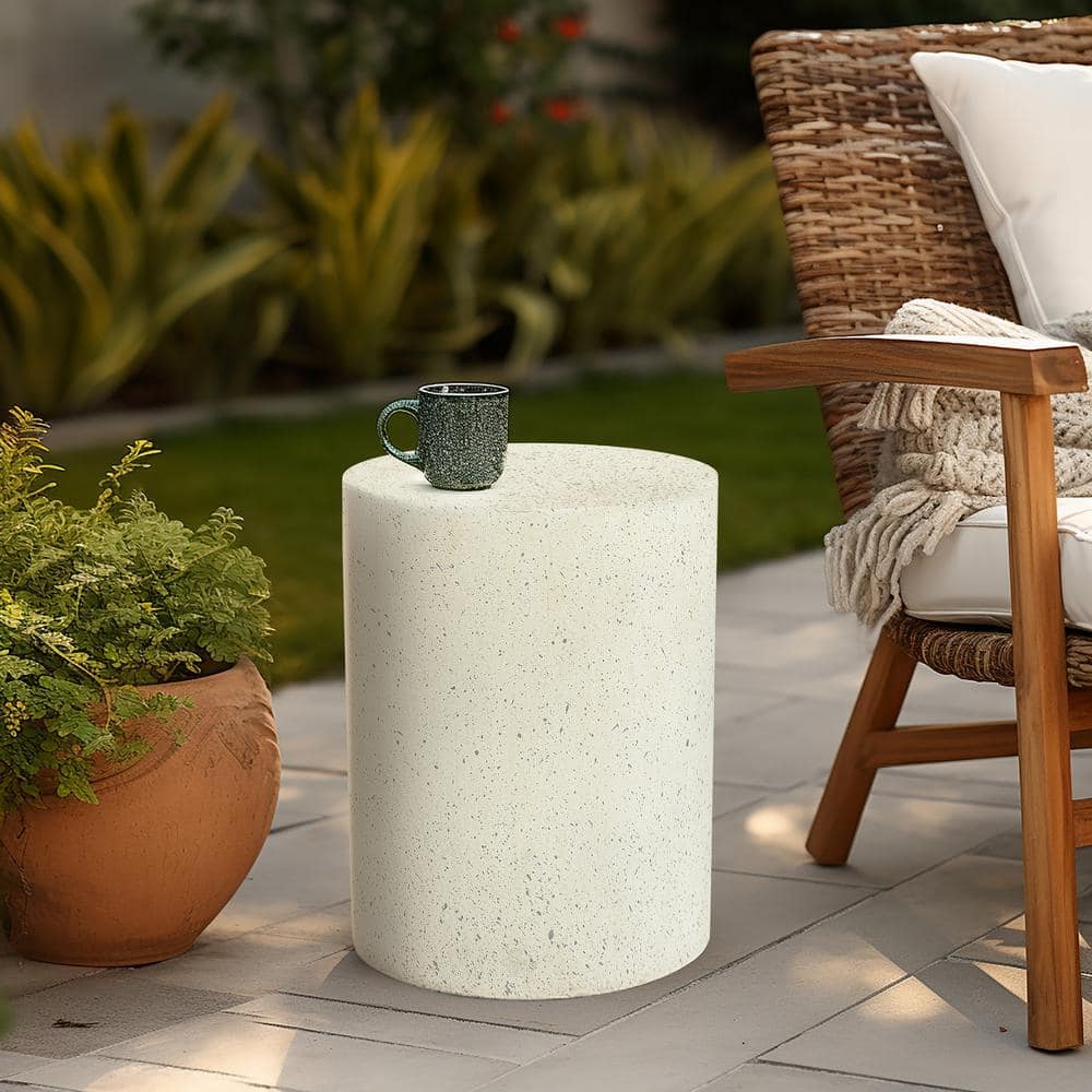 Off-White and Gray Speckled Cement Round Patio Side Table