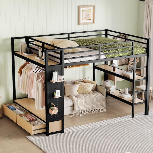 Black Queen Wood/Metal Loft Bed with Wardrobe,storage Shelves and Pegboard