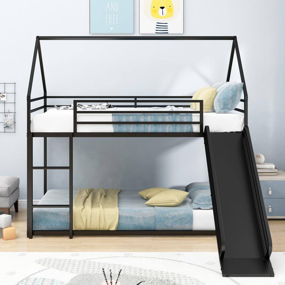 Harper & Bright Designs Black Twin over Twin Metal House Bunk Bed with ...