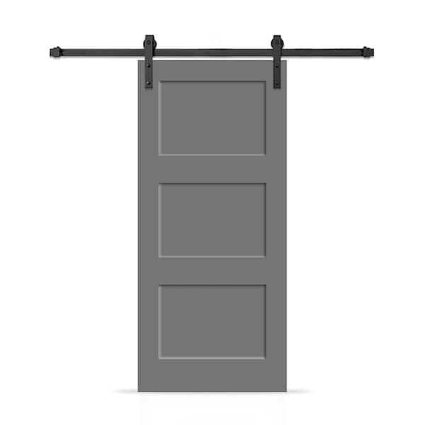 CALHOME 32 in. x 80 in. 3 Panel Shaker Hollow Core Light Gray Painted Composite Interior Sliding Barn Door with Hardware Kit