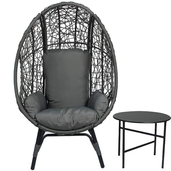ITOPFOX 35.1 in. W One Person Gray Rattan Wicker Patio Swing Egg Chair with Gray Cushion and Side Table