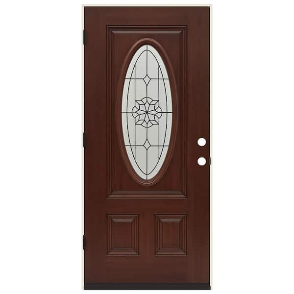 JELD-WEN 36 in. x 80 in. Right-Hand 3/4 Oval Mcalpine Decorative Glass Amaretto Stain Fiberglass Prehung Front Door w/Brickmould, Brown