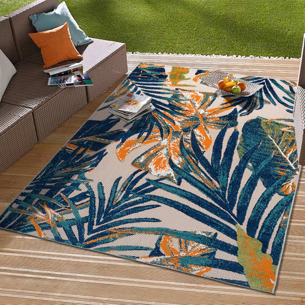 Tropical Floral Leaves Multi 5' x 7' Flat Woven Area Rug