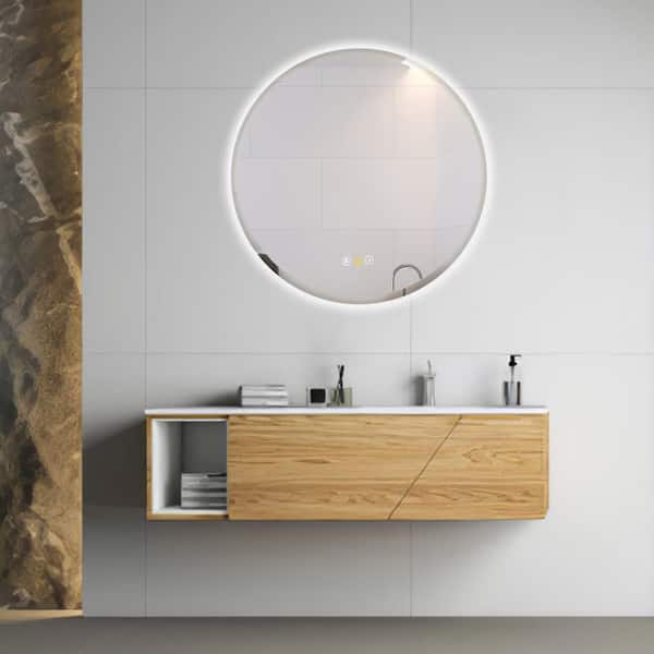 HBEZON Sirens 24 in. W x 24 in. H Medium Round Frameless LED Dimmable Anti-Fog Wall Mount Bathroom Vanity Mirror in Silver