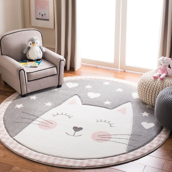 Carousel Kids Pink/Gray Doormat 3 ft. x 3 ft. Border Animal Print Round Area Rug