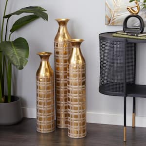 35 in., 30 in., 25 in. Gold Tall Distressed Metallic Metal Decorative Vase with Etched Grid Patterns (Set of 3)