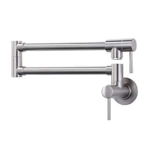 Wall Mounted Brass Pot Filler with 2 Handles in Brushed Nickel
