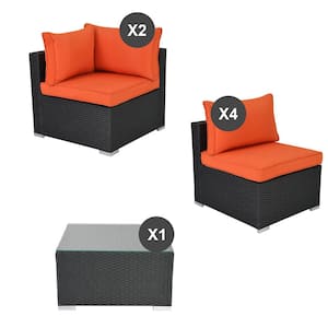 Black 7-Piece Wicker Outdoor Sectional Set Patio Woven Rattan Sofa Set with Orange Cushions