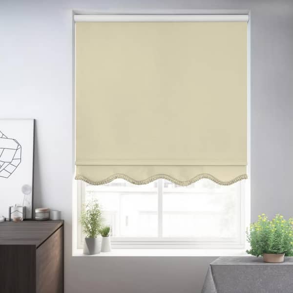 Chicology Fringe Cream Solid Cordless Blackout Privacy Vinyl Roller Shade 70.5 in. W x 64 in. L