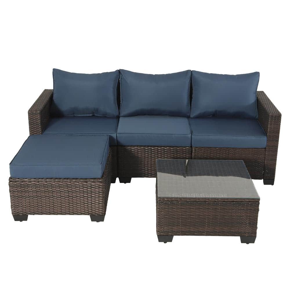 5 -Piece Brown Wicker Outdoor Sectional Sofa Set with Dark Blue Cushion