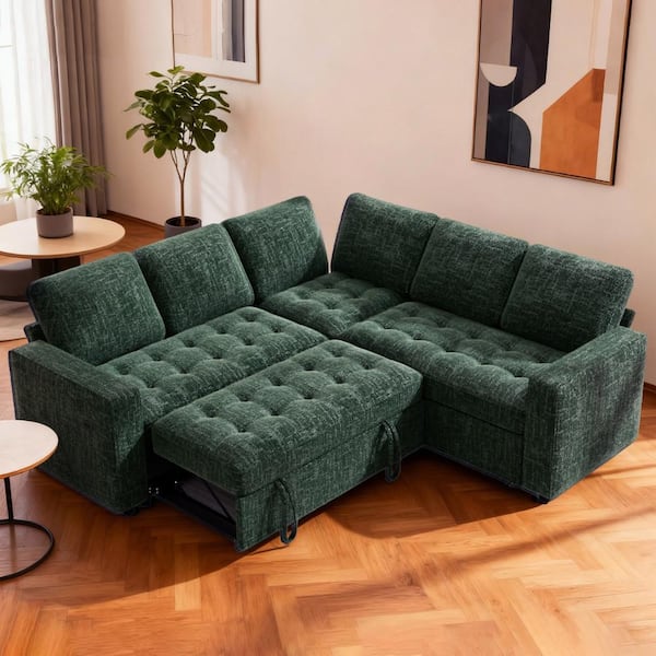 79" L-Shaped Sectional Sleeper Sofa Bed,5 Seat Green Chenille Pull Out Couch Bed Tool-Free Assembly