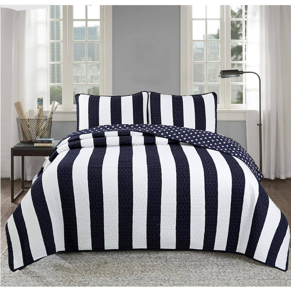 Navy Blue and White Striped Microfiber King Quilt Set