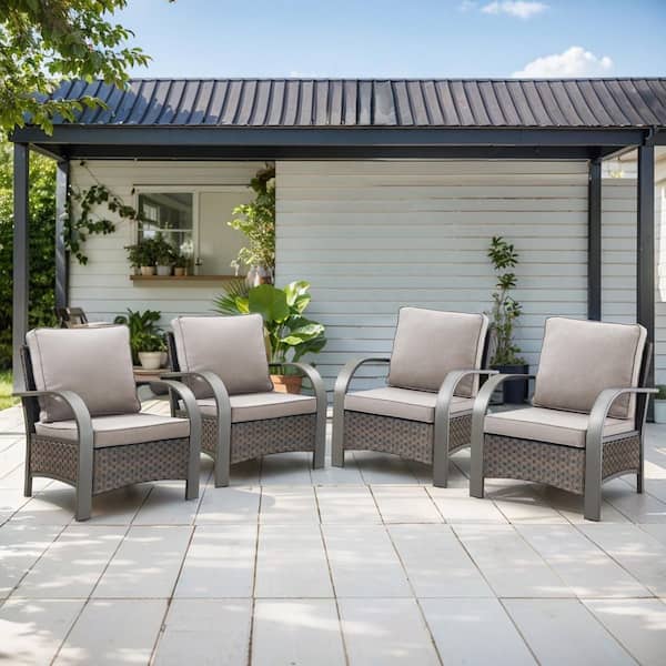 Brown Metal Armrests Wicker Outdoor Lounge Chair, Rattan Armchair with Gray Cushions for Patio Porch (4-Pack)