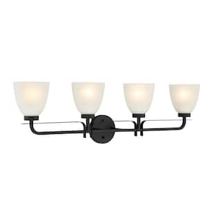 Kaitlen 35 in. 4-Light Black Vanity Light with Etched Glass Shade