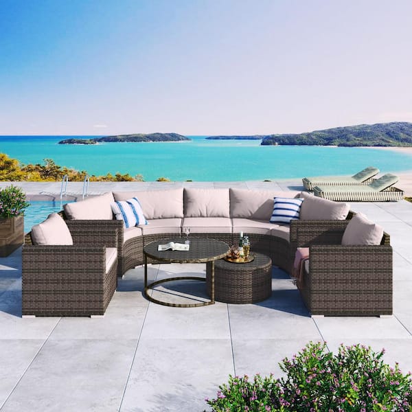 myhomore Brown Half-moon Patio Sofa Set of 9-Pieces Wicker Outdoor Round Sectional Set, Modern Style Sofa with Beige Cushion