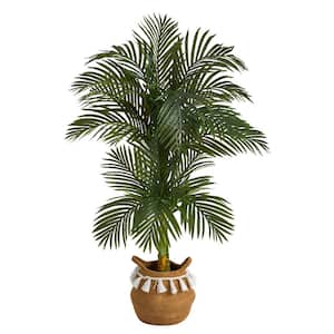 60 in. Green Artificial Double Stalk Cane Palm Tree in Handmade Woven Cotton Basket