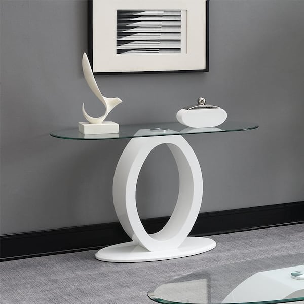Larry 47 in. Glass Top, White High Gloss Finish Oval Glass Console Table with No Additional Features