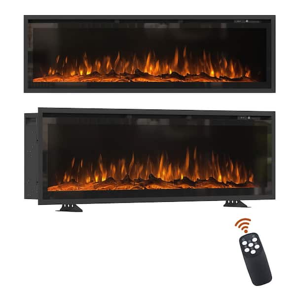 60 in. Wall Mounted Freestanding Electric Fireplace Recessed with Overheating Protection in Black