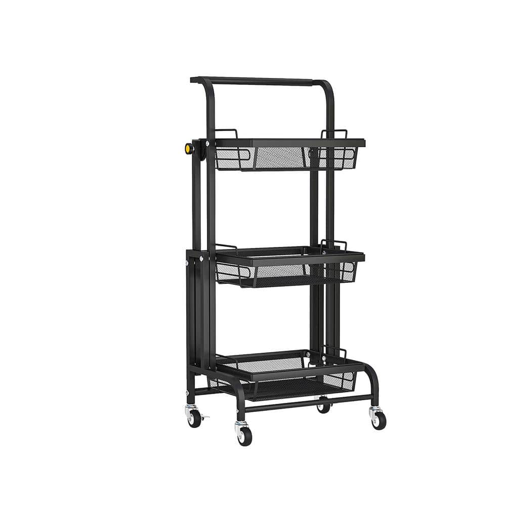 Triple Folding Cart Metal Storage Rack Mobile Cart With Casters Black