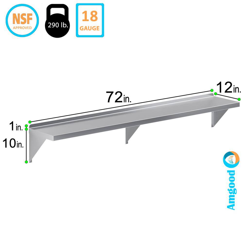 72" Stainless Steel Floating Wall Shelf with Brackets
