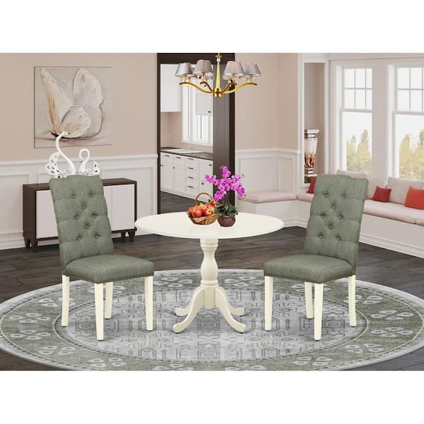 East West Furniture 5-Piece Linen White Finish Solid Wood Top Dining table with 4 Chairs with Drop Leaf Lattice Back