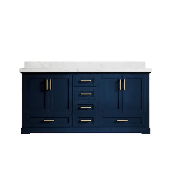 Willow Collections Boston 72 in. W x 22 in. D x 36 in. H Double Sink Bath Vanity in Navy Blue with 2" Calacatta Quartz Top