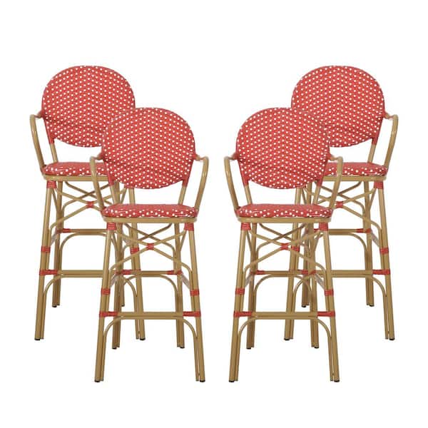 Noble House Ladieu Red and White Aluminum and Wicker Outdoor Bar Stool (4-Pack)