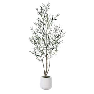 6 ft. Faux Olive Tree with Round White Planter, Pre Potted Artificial Greenery Olive Plant for Home Decor