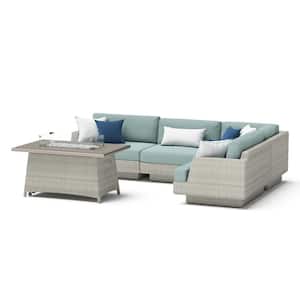 Portofino Comfort Gray 5-Piece Aluminum Patio Fire Pit Seating Set with Sunbrella Spa Blue Cushions