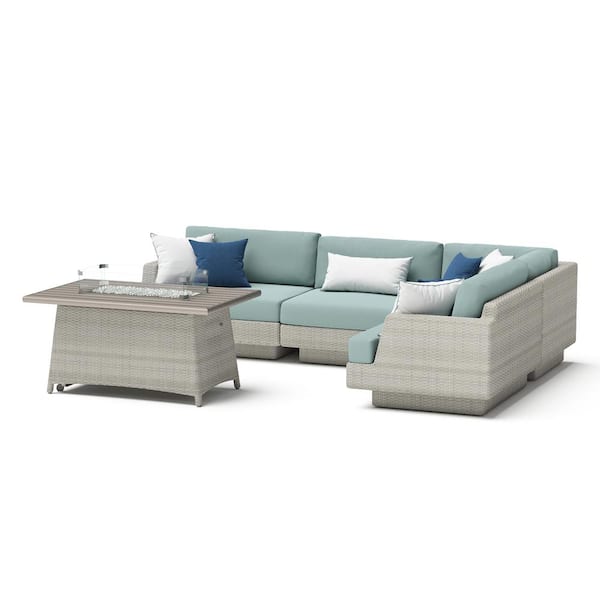 RST BRANDS Portofino Comfort Gray 5-Piece Aluminum Patio Fire Pit Seating Set with Sunbrella Spa Blue Cushions