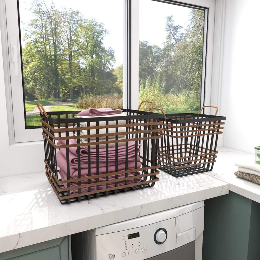 Black and Brown Seagrass Rectangular Storage Baskets with Handles, Set of 2