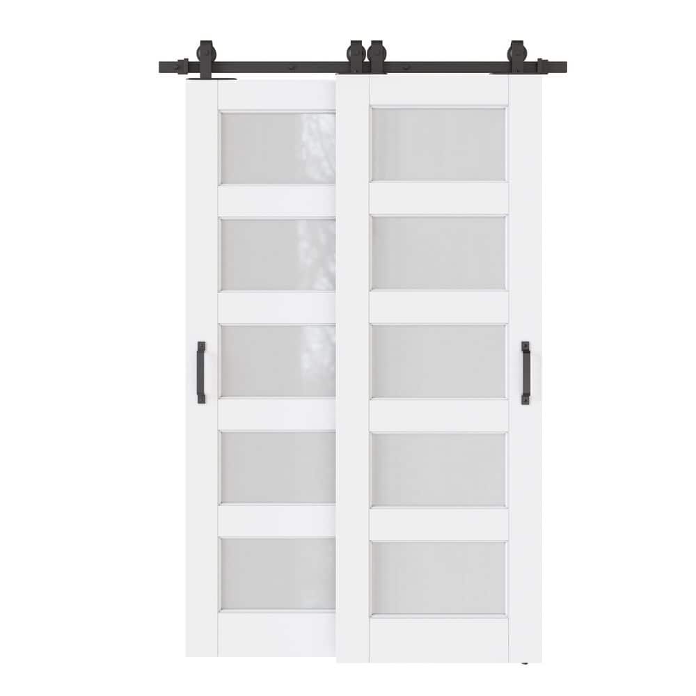 48 in. x 96 in. (Double 28 in. ) 5-Lite Frosted Glass White Primed MDF Sliding Barn Door with Hardware Kit Bypass price history on PriceWatchPro
