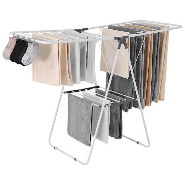 Clothes Drying Rack, 2-Tier Foldable Laundry Dryer Rack with Sock Clips, Metal Height Adjustable Drying Racks White
