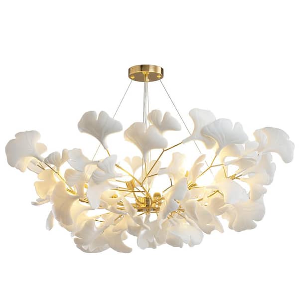 YUYI 8-Light Gold Chandelier, Luxury Ceramic Ginkgo Branch Chandelier for Living Room, Dining Room, Kitchen Island-L39 in.