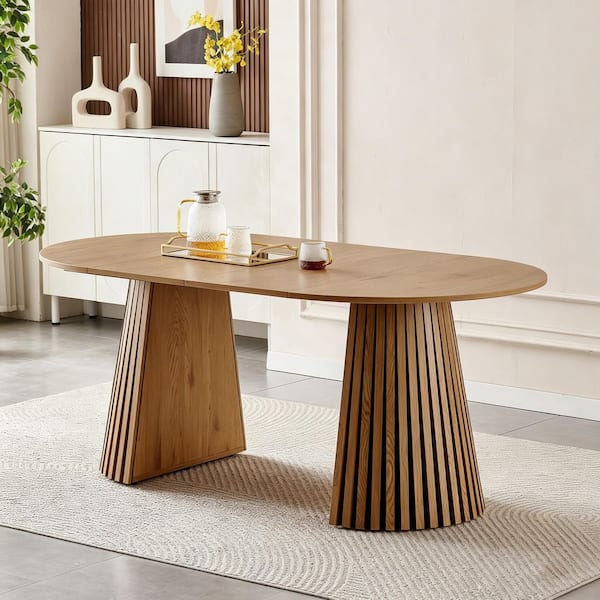 70.87 in. Extendable Oval Wood Dining Table with Fluted Pedestal Base Natural Oak Finish Seats 8